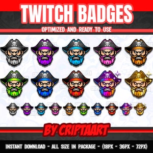 Pirate Twitch Badge, Buccaneers Bit Badge, Beard, Cheers, Subscriber / Stream, Discord, Kick, Youtube, Tiktok