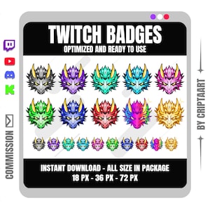 Puede incluir: Gráfico digital con insignias de Twitch con cabezas de dragón en varios colores: plata, morado, turquesa, azul, rojo, rosa y dorado. El texto dice "Twitch Badges" y "Optimized and Ready to Use".
