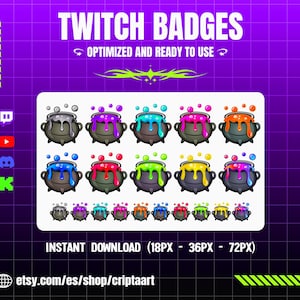 Puede incluir: Una colección digital de insignias de Twitch con calderos negros y líquidos burbujeantes de colores en gris, morado, azul, rosa, naranja, rojo, verde y amarillo. El texto dice TWITCH BADGES, OPTIMIZED AND READY TO USE e INSTANT DOWNLOAD (18PX - 36PX - 72PX).