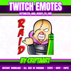 Könnte beinhalten: Eine Comicfigur mit genähter Haut und einer grünen Flasche, mit dem Wort "RAID" in roten Buchstaben dahinter. Die Figur trägt eine schwarze Jacke mit rosa Kragen und eine grüne Flasche in der Hand. Der Text "TWITCH EMOTES" befindet sich oben im Bild, und "BY CRIPTAART" unten.