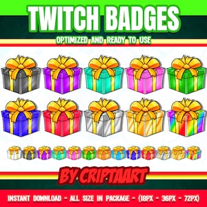 Puede incluir: Un conjunto de 12 insignias de Twitch que presentan una caja de regalo de dibujos animados con un lazo amarillo en varios colores, incluidos negro, morado, turquesa, rosa, verde, azul, rojo, plateado, dorado y arcoíris. Las insignias están optimizadas y listas para usar.  "TWITCH BADGES" y "BY CRIPTAART" están escritos en la imagen.
