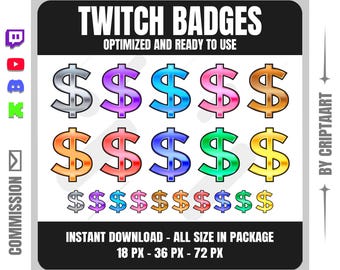 Dollar Sign Twitch Sub Badges - Luxury Metallic Money Bit Badges for Streamers | Rich Finance and Casino Theme