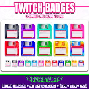 Puede incluir: Un conjunto de 18 insignias de Twitch con un diseño de disquete retro en varios colores, incluidos rojo, azul, verde, amarillo y morado. Las insignias están optimizadas y listas para usar. El texto "TWITCH BADGES" está en la parte superior de la imagen. El texto "BY CRIPTAART" está en la parte inferior de la imagen. El texto "INSTANT DOWNLOAD - ALL SIZE IN PACKAGE - (18PX - 36PX - 72PX)" está en la parte inferior de la imagen.