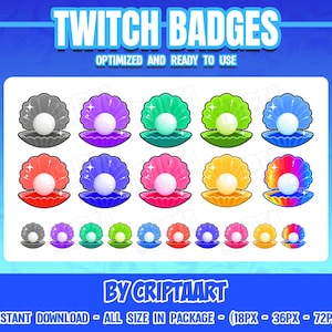 Puede incluir: Un conjunto de 12 insignias de Twitch que presentan una perla dentro de una concha. Las insignias son de varios colores, incluidos rojo, azul, verde, amarillo y morado. El texto "TWITCH BADGES" está en la parte superior de la imagen, y el texto "BY CRIPTAART" está en la parte inferior de la imagen. El texto "INSTANT DOWNLOAD - ALL SIZE IN PACKAGE - (18PX - 36PX - 72PX)" está en la parte inferior de la imagen.