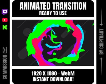 May include: An animated transition graphic with a black background and colorful abstract shapes in green, pink, purple, and blue. Text reads "ANIMATED TRANSITION READY TO USE" and "1920 X 1080 - WebM INSTANT DOWNLOAD!"