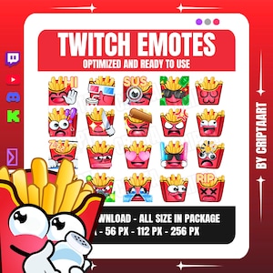 Könnte beinhalten: Ein digitales Grafikdesign mit Twitch-Emotes zum Thema Pommes Frites. Die Emotes, in roten Boxen, zeigen verschiedene Ausdrücke. Der Text oben lautet "TWITCH EMOTES".