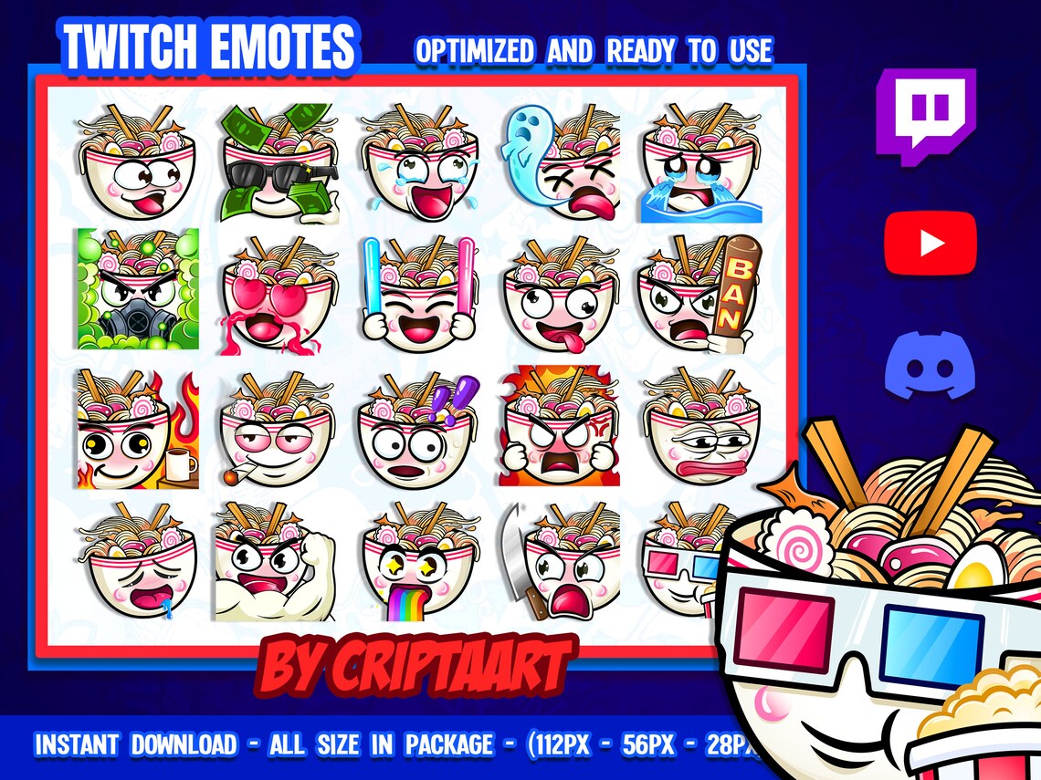 20 Emote Bundle for Twitch Streamers Discord Youtube Ramen Etsy