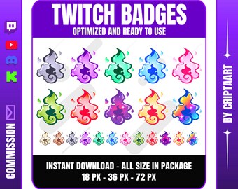 May include: A digital graphic featuring Twitch badges in various colors, including purple, green, blue, and red. The badges are flame-shaped with a stylized design. Text on the image reads "Twitch Badges" and "Optimized and Ready to Use."