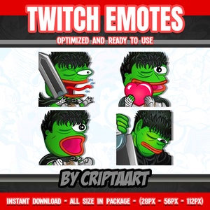 Puede incluir: Cuatro emoticonos de Twitch con una rana verde con pelo negro en diferentes poses. Los emoticonos están optimizados y listos para usar. El texto "TWITCH EMOTES" está en la parte superior de la imagen. El texto "OPTIMIZED AND READY TO USE" está debajo de los emoticonos. El texto "BY CRIPTAART" está debajo de los emoticonos. El texto "INSTANT DOWNLOAD - ALL SIZE IN PACKAGE - (28PX - 56PX - 112PX)" está en la parte inferior de la imagen.