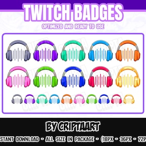 May include: A set of 18 Twitch badges featuring headphones in various colors, including purple, green, pink, blue, orange, and yellow. The badges are optimized and ready to use. "TWITCH BADGES" and "BY CRIPTAART" are written in the image.