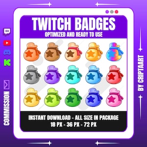 Puede incluir: Un gráfico digital con insignias de Twitch en varios colores, incluyendo naranja, marrón y azul. Cada insignia es una bolsa de dinero estilizada con una estrella. El texto dice "TWITCH BADGES" y "OPTIMIZED AND READY TO USE".