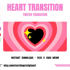 May include: A digital graphic with the text "HEART TRANSITION" and "TWITCH TRANSITION" in pink. The design features a heart shape with concentric circles in shades of pink and red, with a black heart center and yellow starbursts. The image also includes social media icons and the text "COMMISSIONS".