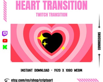 May include: A digital graphic with the text "HEART TRANSITION" and "TWITCH TRANSITION" in pink. The design features a heart shape with concentric circles in shades of pink and red, with a black heart center and yellow starbursts. The image also includes social media icons and the text "COMMISSIONS".