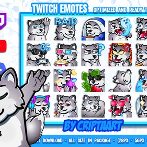 Chibi Grey Wolf Mega Emote Pack - Twitch, Discord, YouTube, TikTok Stream Graphics & Channel Points
