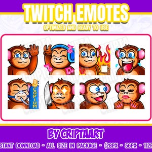 Puede incluir: Conjunto de ocho emoticonos animados de Twitch que representan a un mono de dibujos animados con diferentes expresiones, incluyendo dormir, beber y llorar. Los emoticonos están optimizados para su uso en Twitch.