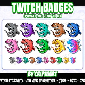 Könnte beinhalten: Ein Set mit 12 Twitch-Badges, die eine Karikatur einer Eidechse in verschiedenen Farben zeigen, darunter Pink, Rot, Grün, Blau, Gelb und Orange. Die Badges sind für die Verwendung auf Twitch optimiert.