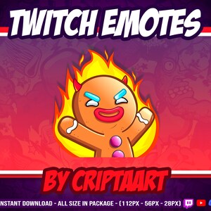 Puede incluir: Un gráfico digital con el texto TWITCH EMOTES en la parte superior y BY CRIPTAART en la parte inferior. La imagen central es un personaje de pan de jengibre marrón con cuernos rojos, ojos azules y botones rosas, rodeado de llamas amarillas y naranjas.