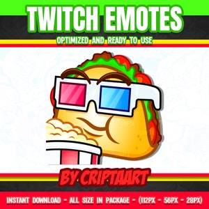 Puede incluir: Un taco de dibujos animados con gafas 3D y sosteniendo un cubo de palomitas de maíz. El taco es amarillo con ingredientes rojos y verdes. El texto "TWITCH EMOTES" está en la parte superior de la imagen. El texto "BY CRIPTAART" está en la parte inferior de la imagen.