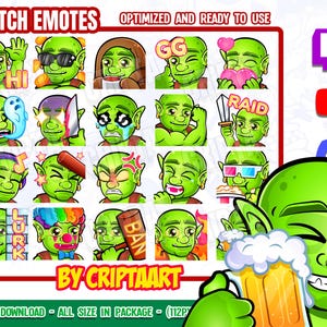 Puede incluir: Un conjunto de emotes de Twitch con personajes verdes tipo goblin, mostrando diversas expresiones y acciones. La imagen incluye el texto "TWITCH EMOTES" y "BY CRIPTAART".