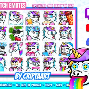 Émoticônes Twitch, Mega Pack Licorne, Lot d'émoticônes mignons, Points de chaîne, Abonnés / Stream, Discord, Youtube, Tiktok