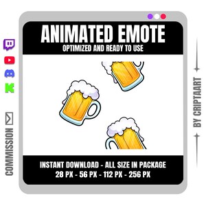 Puede incluir: Gráfico de emote animado con tres jarras de cerveza de dibujos animados con espuma blanca y líquido dorado. El texto dice "ANIMATED EMOTE" y "OPTIMIZED AND READY TO USE". Tamaños de 28 px a 256 px.