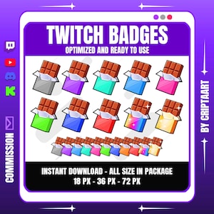 Puede incluir: Gráfico digital con insignias de Twitch de barras de chocolate en varios colores, incluyendo gris, morado, turquesa, azul, rosa, verde, rojo y dorado. Se muestra el texto "TWITCH BADGES" y "OPTIMIZED AND READY TO USE". La imagen también incluye el texto "INSTANT DOWNLOAD - ALL SIZE IN PACKAGE 18 PX - 36 PX - 72 PX".