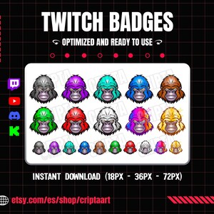 Puede incluir: Una colección digital de insignias de Twitch con ilustraciones de cabezas de gorila en varios colores, incluyendo gris, morado, verde azulado, azul, marrón, verde, rojo, blanco y amarillo. El texto dice TWITCH BADGES, OPTIMIZED AND READY TO USE e INSTANT DOWNLOAD (18PX - 36PX - 72PX).