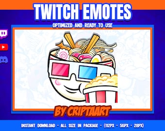 Ramen with popcorn Twitch emote, japanese food emoji, streamer with 3d glasses, cinema, items for stream, discord, youtube, tiktok