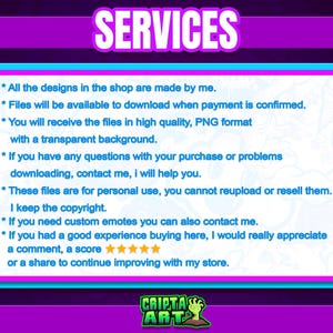 May include: A blue and pink text box with white text outlining the services offered by the shop. The text includes information about the designs, file formats, and customer service. The text box is on a purple background with the shop name "CRIPTA ART" in green and white at the bottom.