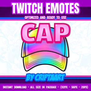 Puede incluir: Una ilustración digital de una gorra de béisbol de color arcoíris con la palabra "CAP" en letras rosas en la parte delantera. La imagen es para emotes de Twitch e incluye el texto "TWITCH EMOTES" y "BY CRIPTAART".
