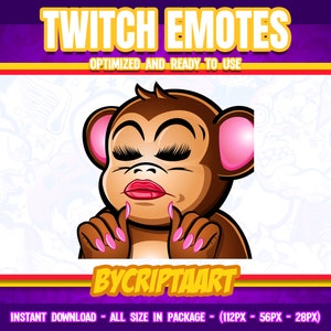 Puede incluir: Un mono de dibujos animados con orejas rosas y pestañas largas lleva esmalte de uñas rosa y tiene un puchero rosa. El mono está mirando al espectador. La imagen está sobre un fondo blanco con un borde amarillo.