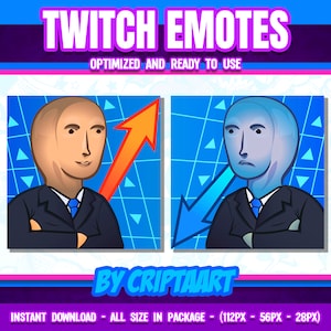 May include: Two Twitch emotes featuring a bald man in a suit with a blue background. The man on the left has an orange arrow pointing up and the man on the right has a blue arrow pointing down. The text "TWITCH EMOTES" is at the top of the image and the text "BY CRIPTAART" is at the bottom of the image.