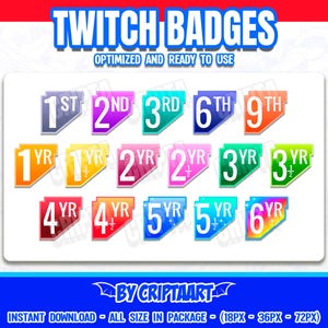 Puede incluir: Un conjunto de 12 insignias de Twitch con varios colores y diseños. Las insignias incluyen los números 1º, 2º, 3º, 6º, 9º y los años 1, 1 1/2, 2, 2 1/2, 3, 3 1/2, 4, 4 1/2, 5, 5 1/2 y 6. Las insignias están optimizadas y listas para usar.