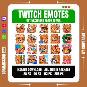 Puede incluir: Una colección de veinte emoticonos digitales de osos para Twitch, que muestran diversas expresiones y acciones, como sostener una lupa, usar gafas de sol, comer palomitas de maíz, llorar y sostener un corazón. El texto dice TWITCH EMOTES.