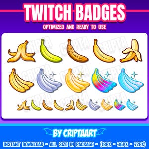 Puede incluir: Un conjunto de 18 insignias de chat de Twitch que presentan varias bananas de dibujos animados en diferentes colores y estilos. Las insignias están optimizadas para su uso en Twitch y están disponibles en tres tamaños: 18 px, 36 px y 72 px.