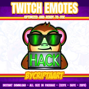 May include: A cartoon monkey wearing sunglasses and holding a sign that says "HACK". The monkey is brown with green sunglasses and a green sign. The text "BYCRIPTAART" is below the monkey.