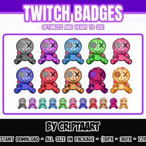 Op de afbeelding: Een set van 12 kleurrijke voodoo-poppen Twitch-badges. De badges zijn in verschillende kleuren, waaronder roze, blauw, groen, rood en paars. De poppen hebben een gestikte glimlach en X-vormige ogen. De tekst "TWITCH BADGES" staat bovenaan de afbeelding. De tekst "BY CRIPTAART" staat onderaan de afbeelding. De tekst "INSTANT DOWNLOAD - ALL SIZE IN PACKAGE - (18PX - 36PX - 72PX)" staat onderaan de afbeelding.