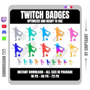 Puede incluir: Gráfico digital con una colección de insignias de Twitch con temática de fútbol en varios colores, incluyendo azul, verde, naranja y rosa. Las insignias están optimizadas y listas para usar, disponibles para descarga instantánea.