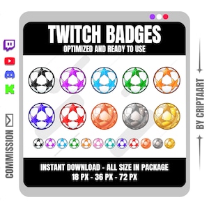 Puede incluir: Un gráfico digital con diseños de balones de fútbol en varios colores, incluyendo negro, morado, azul, verde y naranja. El texto "TWITCH BADGES" se muestra encima de los balones, con "OPTIMIZED AND READY TO USE" debajo.