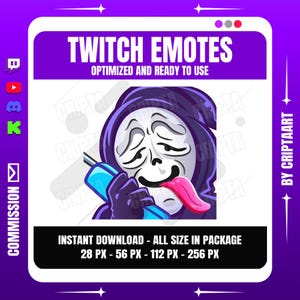 Puede incluir: Gráfico digital de un personaje de dibujos animados con una túnica con capucha negra, sosteniendo un teléfono azul y sacando la lengua rosa. El texto "TWITCH EMOTES" está en la parte superior, con "OPTIMIZED AND READY TO USE" debajo. Varios tamaños.
