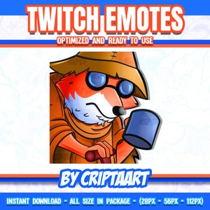 Puede incluir: Un zorro de dibujos animados con un sombrero marrón y gafas de sol, sosteniendo una taza azul. El zorro lleva un chaleco marrón y tiene un pelaje rojo y naranja. La imagen está etiquetada como "Twitch Emotes" y "By Criptaart".