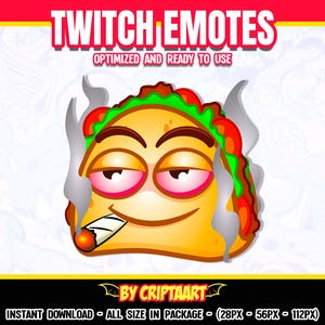Puede incluir: Un taco de dibujos animados con un relleno de lechuga verde y tomate rojo, con una sonrisa tonta y gafas de sol, fumando un porro con humo saliendo de su cabeza. El texto "TWITCH EMOTES" está en la parte superior de la imagen, y el texto "BY CRIPTAART" está en la parte inferior de la imagen.