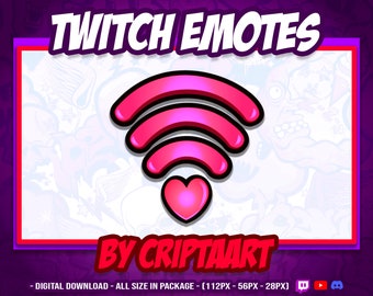 May include: A pink and white Twitch emote featuring a stylized wifi symbol with a heart at the bottom. The text "TWITCH EMOTES" is at the top of the image and the text "BY CRIPTAART" is at the bottom of the image. The text "DIGITAL DOWNLOAD - ALL SIZE IN PACKAGE - (112PX - 56PX - 28PX)" is at the bottom of the image.
