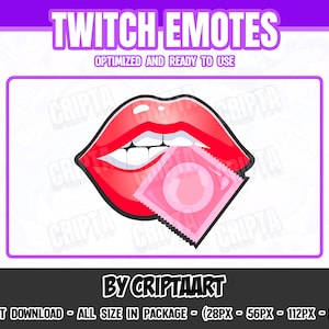 May include: Digital Twitch emote featuring red lips biting a pink condom. The image includes the text "TWITCH EMOTES" and "OPTIMIZED AND READY TO USE". The design is by CRIPTAART.
