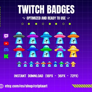 Puede incluir: Un conjunto de insignias digitales para Twitch con diseños de ovnis en varios colores, incluyendo gris, rosa, azul, verde, rojo y amarillo. Cada insignia muestra la silueta de una persona dentro de la nave. El texto incluye TWITCH BADGES, OPTIMIZED AND READY TO USE, INSTANT DOWNLOAD (18PX - 36PX - 72PX) y COMMISSIONS.