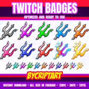 Puede incluir: Un conjunto de 12 insignias de Twitch con un diseño de tridente en varios colores, incluidos rojo, azul, verde, morado, dorado y plateado. Las insignias están optimizadas para su uso en Twitch y están disponibles en tres tamaños: 18 px, 36 px y 72 px.