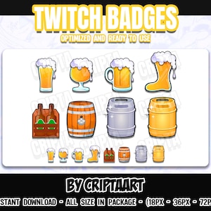 Puede incluir: Un conjunto de 10 insignias de Twitch con varias ilustraciones con temática de cerveza, que incluyen jarras de cerveza, barriles y un paquete de seis cervezas. Las insignias están optimizadas para su uso en Twitch y están disponibles en tres tamaños: 18 px, 36 px y 72 px.