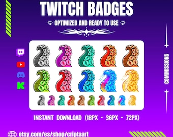 May include: A digital set of Twitch badges featuring ten colorful octopus tentacle illustrations in various hues including grey, pink, teal, orange, brown, green, red, blue, and rainbow. The text reads TWITCH BADGES, OPTIMIZED AND READY TO USE, COMMISSIONS, INSTANT DOWNLOAD (18PX - 36PX - 72PX), and etsy.com/es/shop/criptaart.