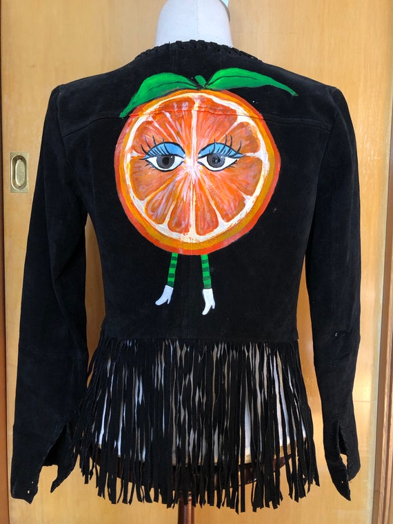 1970s Hand-Painted Black Suede Jacket with Fringe