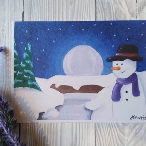 Tarjeta de muñeco de nieve, tarjeta de felicitación de muñeco de nieve, tarjeta de arte, tarjeta de bellas artes, pintura de muñeco de nieve, pintura de invierno, país de las maravillas de invierno, ilustración de muñeco de nieve
